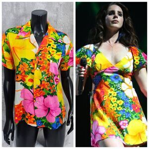 Vintage‎ 70s Pomare S/M Neon Bright Tropical Floral Aloha Hawaiian Shirt Tiki